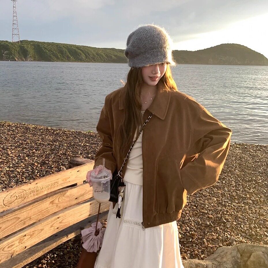 复古棕色皮衣外套女韩系2026春秋新款宽松机车服麂皮夹克短款上衣