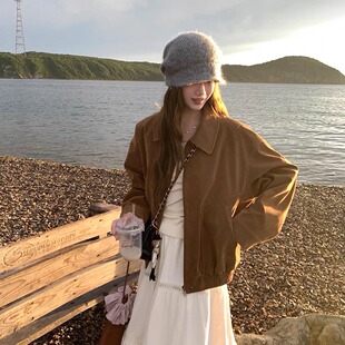 复古棕色皮衣外套女韩系2026春秋新款宽松机车服麂皮夹克短款上衣