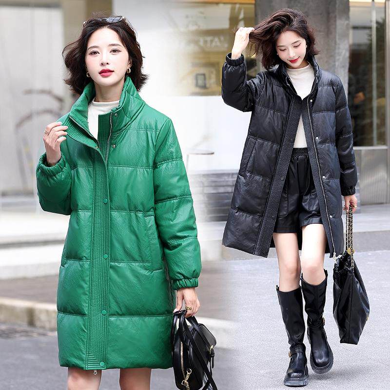 海宁真皮羽绒服女韩版百搭中长款冬季宽松立领休闲大码加厚皮外套