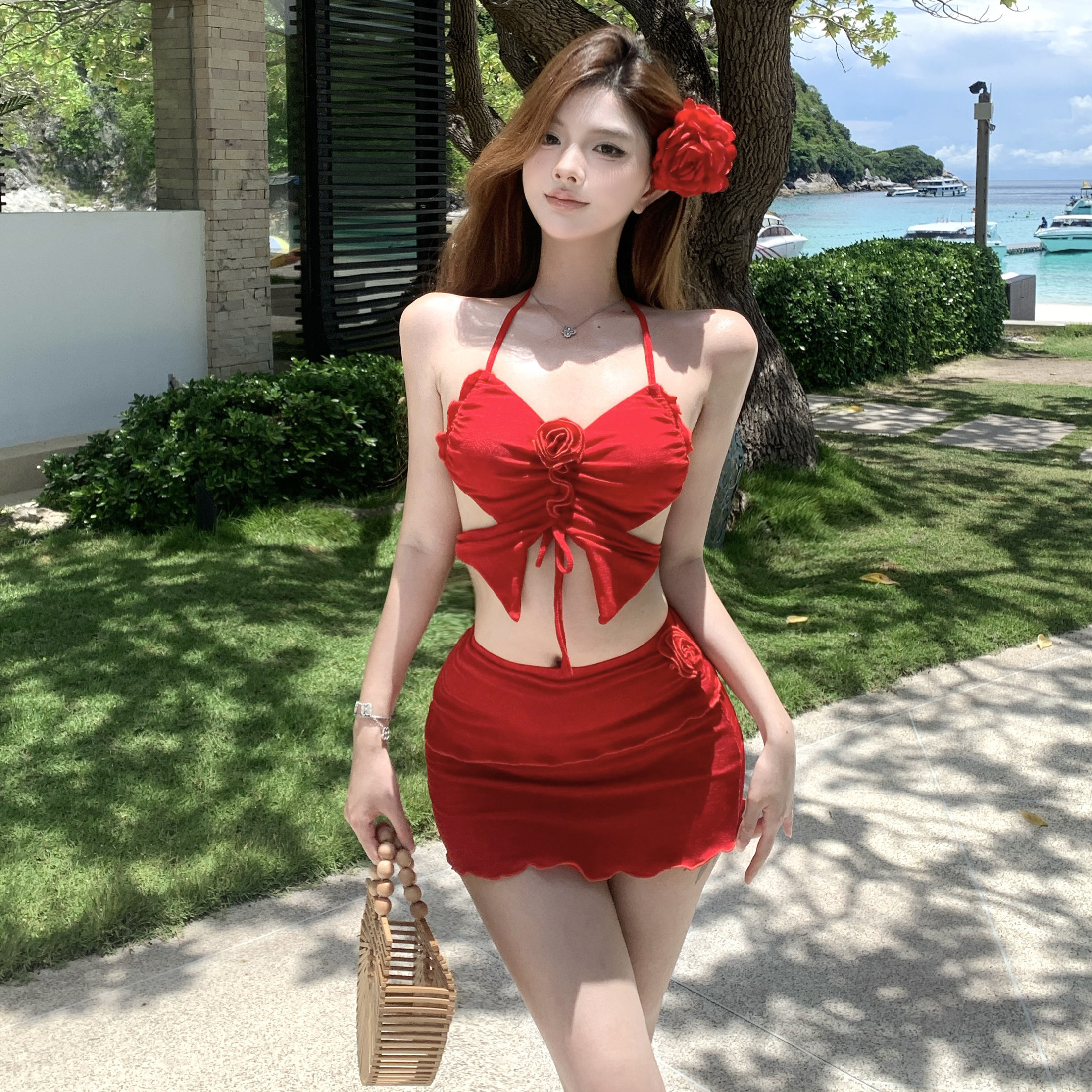 泳衣女2025夏新款挂脖分体裙式比基尼小胸显瘦三件套绝美沙滩度假