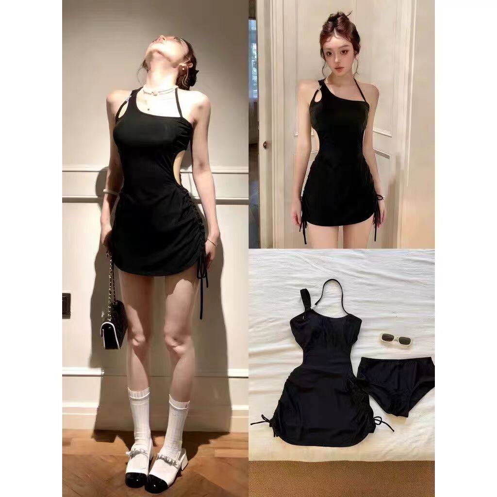 泳衣女性感镂空交叉吊带挂脖连体遮肚显瘦泡温泉保守度假裙式绝美