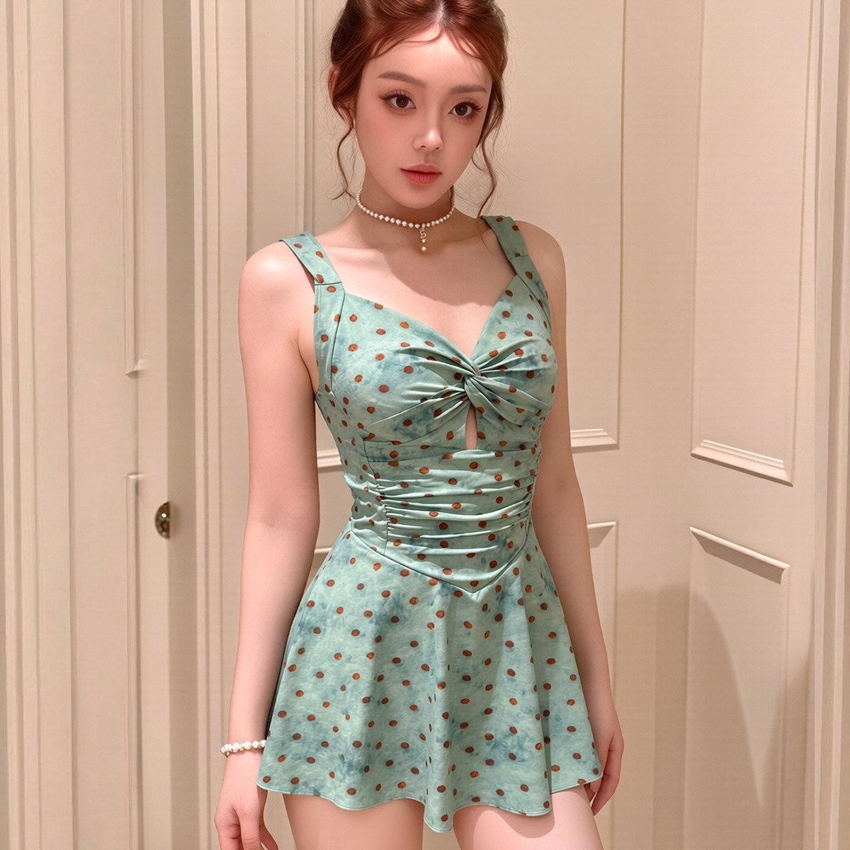 泳衣女2026新款波点吊带连体裙式平角微胖遮肉显瘦保守泡温泉绝美