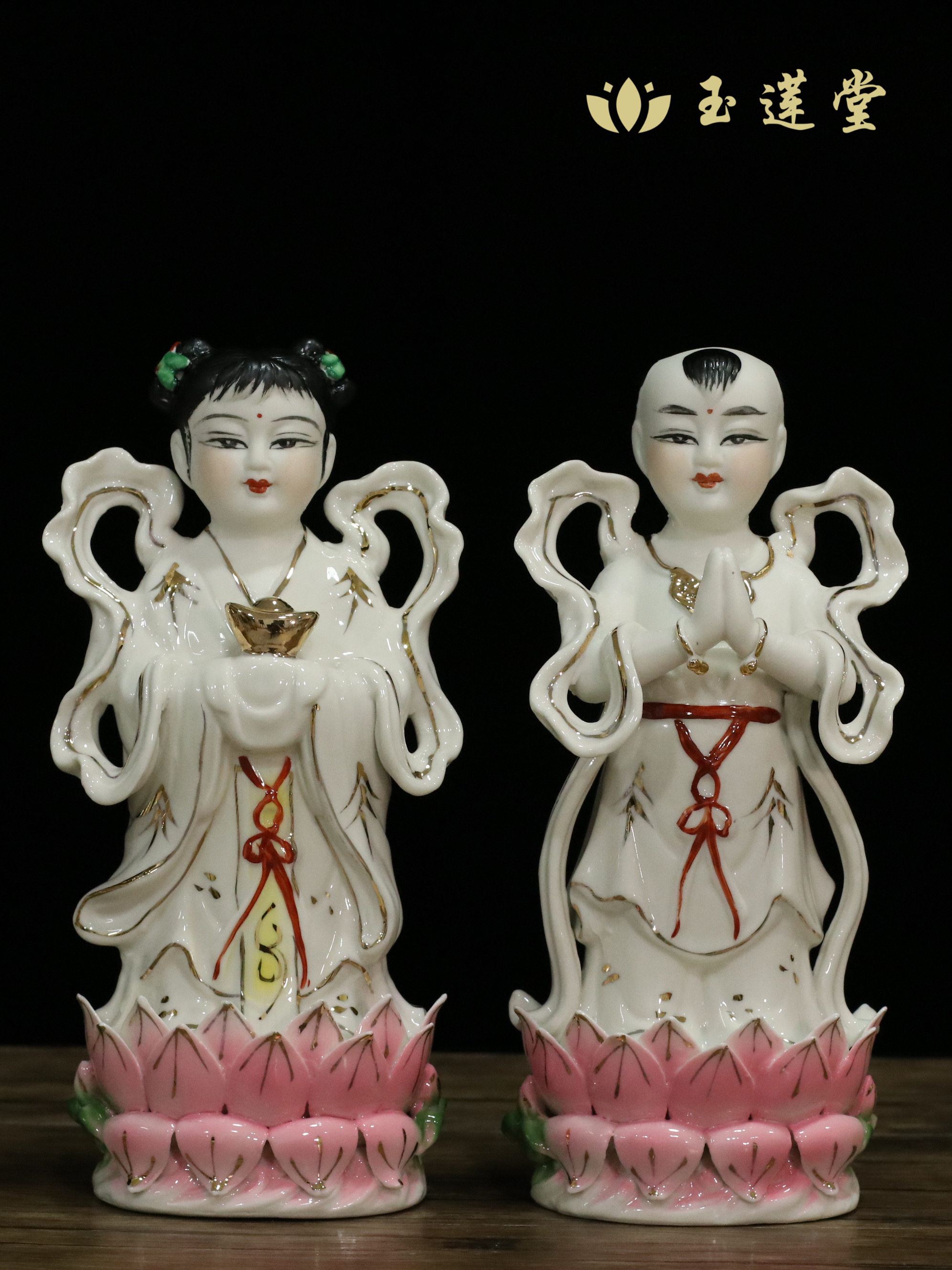陶瓷白玉金童玉女观音纯手工佛像善财童子龙女供奉家居客厅摆件