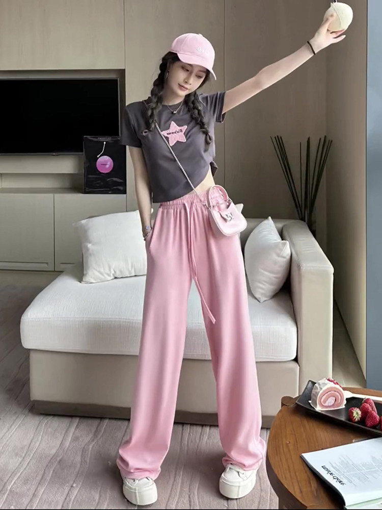 여름 여성을 위한 핑크 패셔너블 캐주얼 운동복 인터넷 연예인이 거리에 등장 연령 감소 트렌디한 반팔 와이드 팬츠 투피스 세트