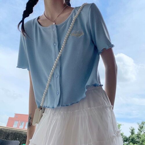 夏季木耳边短袖T恤女宽松遮肉