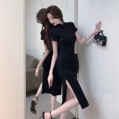 2026夏季 韩系中式 复古盘扣改良旗袍裙子女纯色收腰开叉包臀裙ins