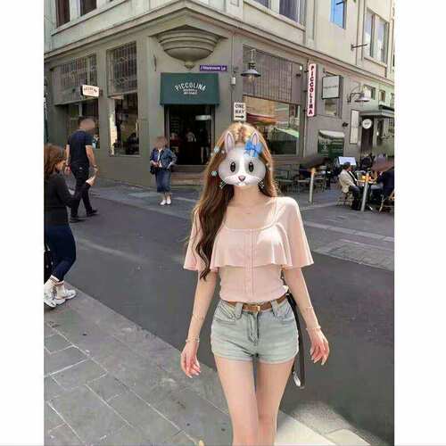 夏季荷叶边短袖修身显瘦女T恤