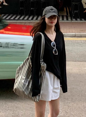 夏季薄款黑色v领防晒长袖t恤女夏季夏季慵懒风宽松外搭松弛感上衣