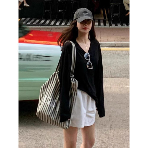 夏季薄款黑色V领防晒长袖T恤女
