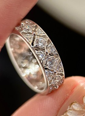 s925银轻奢菱格蕾丝雕花镂空戒指