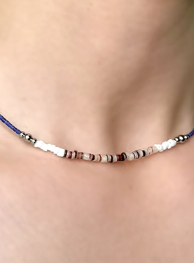 H011 52号 小众串珠短款青金石米珠贝壳不锈钢短款项链叠戴细链