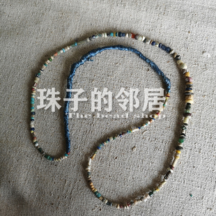 已结缘 收藏古珠 东南亚千年老琉璃珠蓝染麻线项链 A011