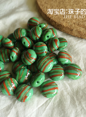 M1（单颗）库存灯工玻璃珠深绿色手绘线条琉璃珠手串配珠