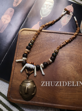 H011  孤品 原创小众串珠 国外琉璃珠木珠部落风格黄铜项链短款