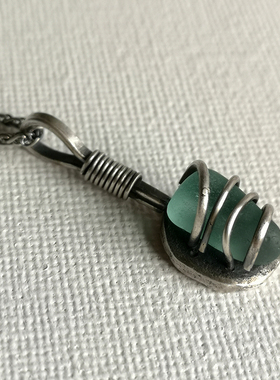 C033-B 原创手作 手工纯银项链 海玻璃纯银吊坠925银链男女款