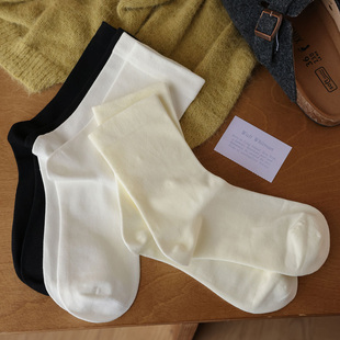 会起球的袜子 春季薄款白色女士中筒袜 黑色基础款棉袜
