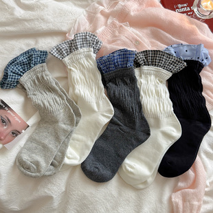 miu系女士中筒棉袜 拼接格子花边袜 甜美小众仙女袜 袜子 会起球