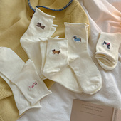 日系可爱卡通动物中筒袜 会起球 袜子 刺绣腊肠狗卷边透气女袜棉