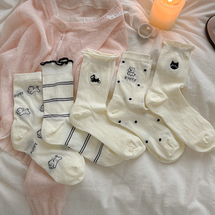 会起球 春夏季 薄款 女士中筒袜日系可爱卡通小狗puppy波点袜 袜子