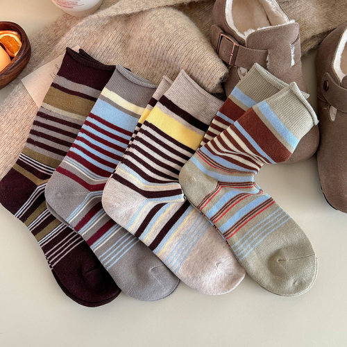 会起球的袜子 韩版复古条纹拼色女士中筒袜 秋季百搭ins潮棉袜