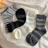 袜子 秋季 简约条纹女士中筒袜 会起球 韩版 学院风休闲百搭棉袜