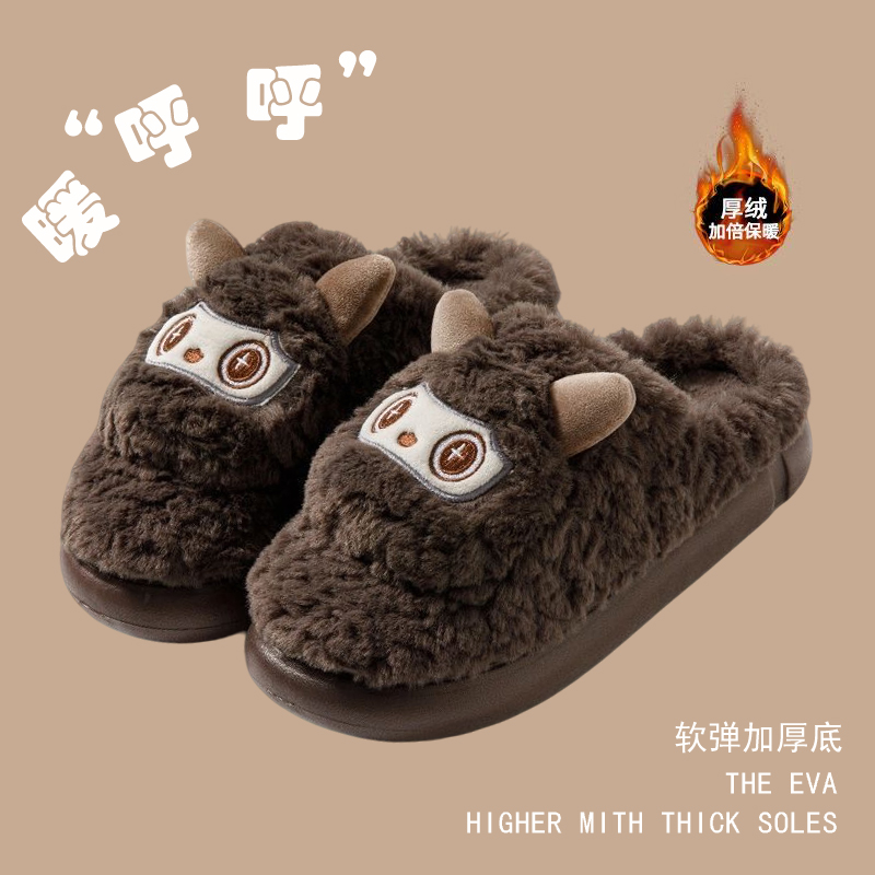 厚底棉拖鞋女款秋冬季加绒保暖室内家居防滑毛绒拖鞋冬天外穿可爱
