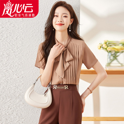 蝴蝶结压褶短袖上衣女式白衬衣衬衫女款设计轻奢夏季感黑6790