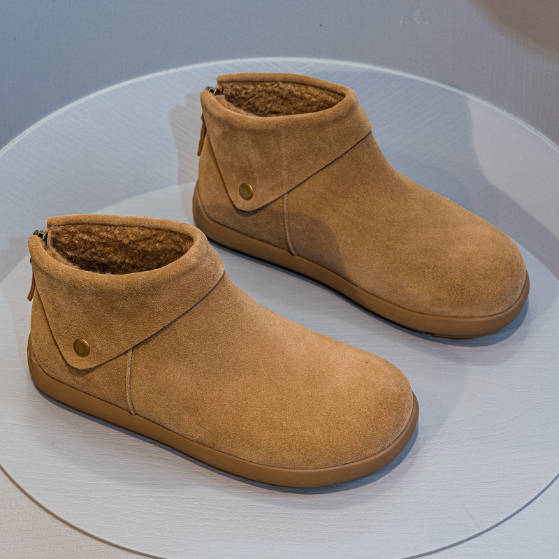 复古磨砂真皮勃肯鞋女2025冬新款加绒保暖加厚舒适平底短筒雪地靴
