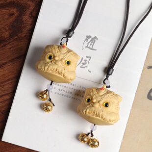 黄杨木雕醒狮头国潮摆件手把件送男友礼物创意车挂件瑞兽貔貅把玩