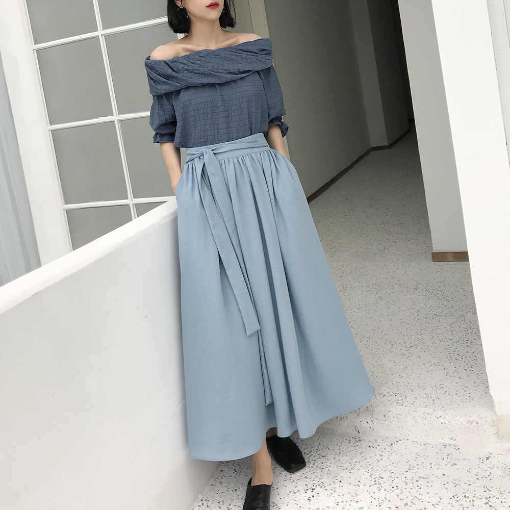 YAC 2020 Spring new pattern Retro sky blue fresh Cotton and hemp belt A word skirt Body longuettein the Women's clothing/Boutique , Skirts  category - from Buy2taobao.com to provide professional Taobao agent buy service