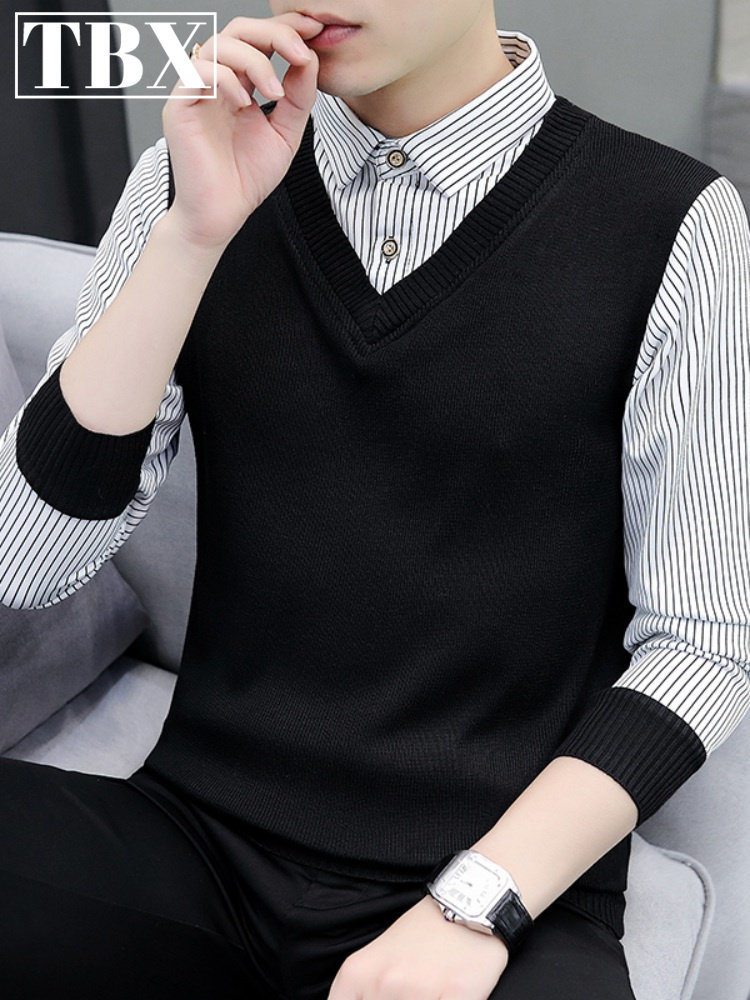 假两件毛衣男士秋冬季加绒加厚保暖2025新款衬衫领针织打底衫男款