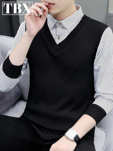 假两件毛衣男士秋冬季加绒加厚保暖2025新款衬衫领针织打底衫男款