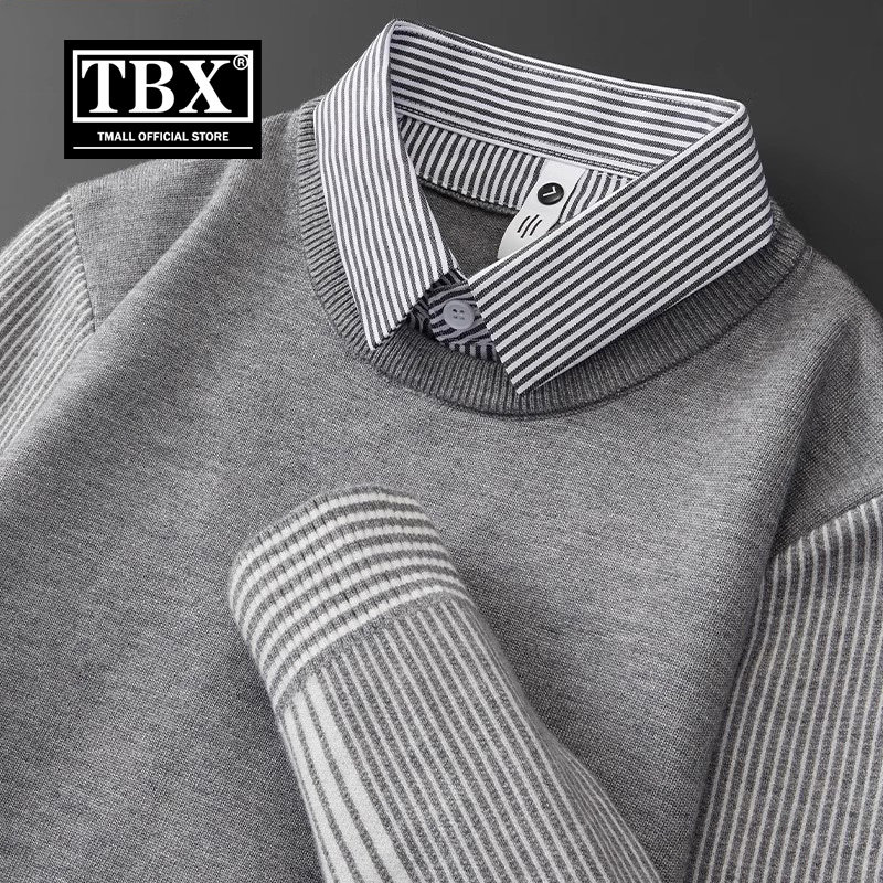 潮牌高级感条纹假两件毛衣男款秋冬季保暖商务衬衫领羊绒针织衫男,男装,羊绒套衫,淘宝优惠券,粉丝福利购,淘宝优惠卷