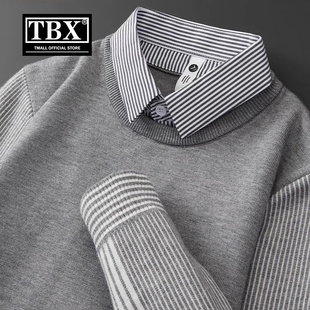 潮牌高级感条纹假两件毛衣男款秋冬季保暖商务衬衫领羊绒针织衫男