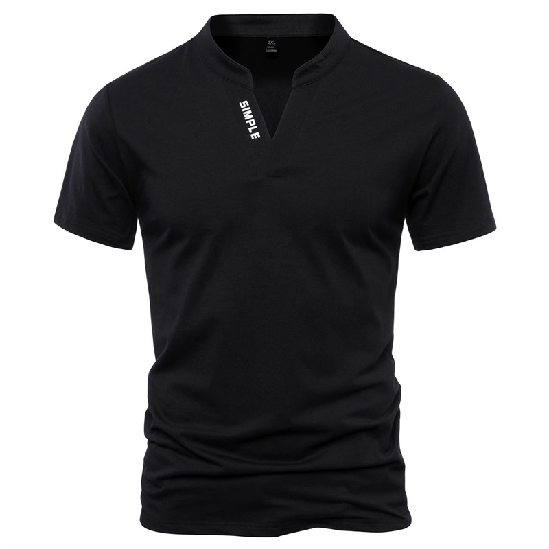 高端纯棉V领短袖T恤男士2025新款夏季弹力修身运动立领T恤衫男款