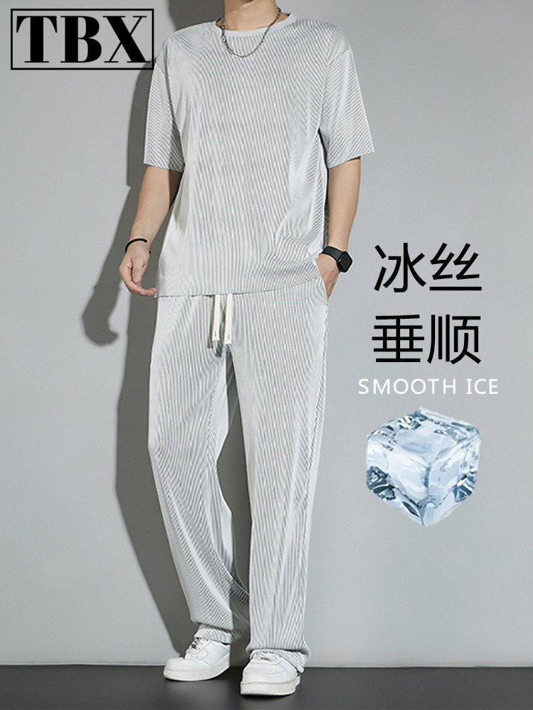 冰丝运动套装男士夏季薄款2025新款休闲裤子短袖t恤速干衣服一套