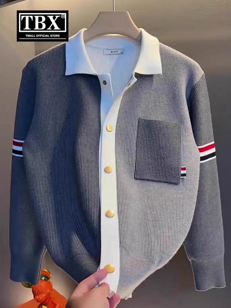 高端老钱风针织开衫外套男士2025新款秋冬季休闲翻领拼色毛衣男款