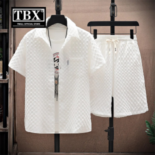 高端冰丝短袖衬衫男士夏季2025新款休闲 运动套装男款短裤一套搭