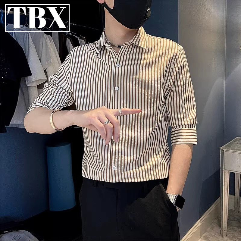 冰丝条纹衬衫男士七分袖2025新款高级感痞帅尖领短袖衬衫男款寸衫