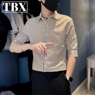 冰丝条纹衬衫男士七分袖2025新款高级感痞帅尖领短袖衬衫男款寸衫