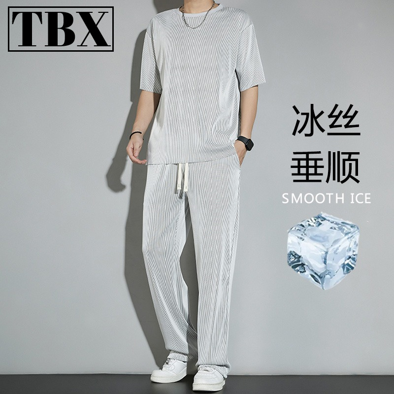 冰丝运动套装男士夏季薄款2025新款休闲裤子短袖t恤速干衣服一套