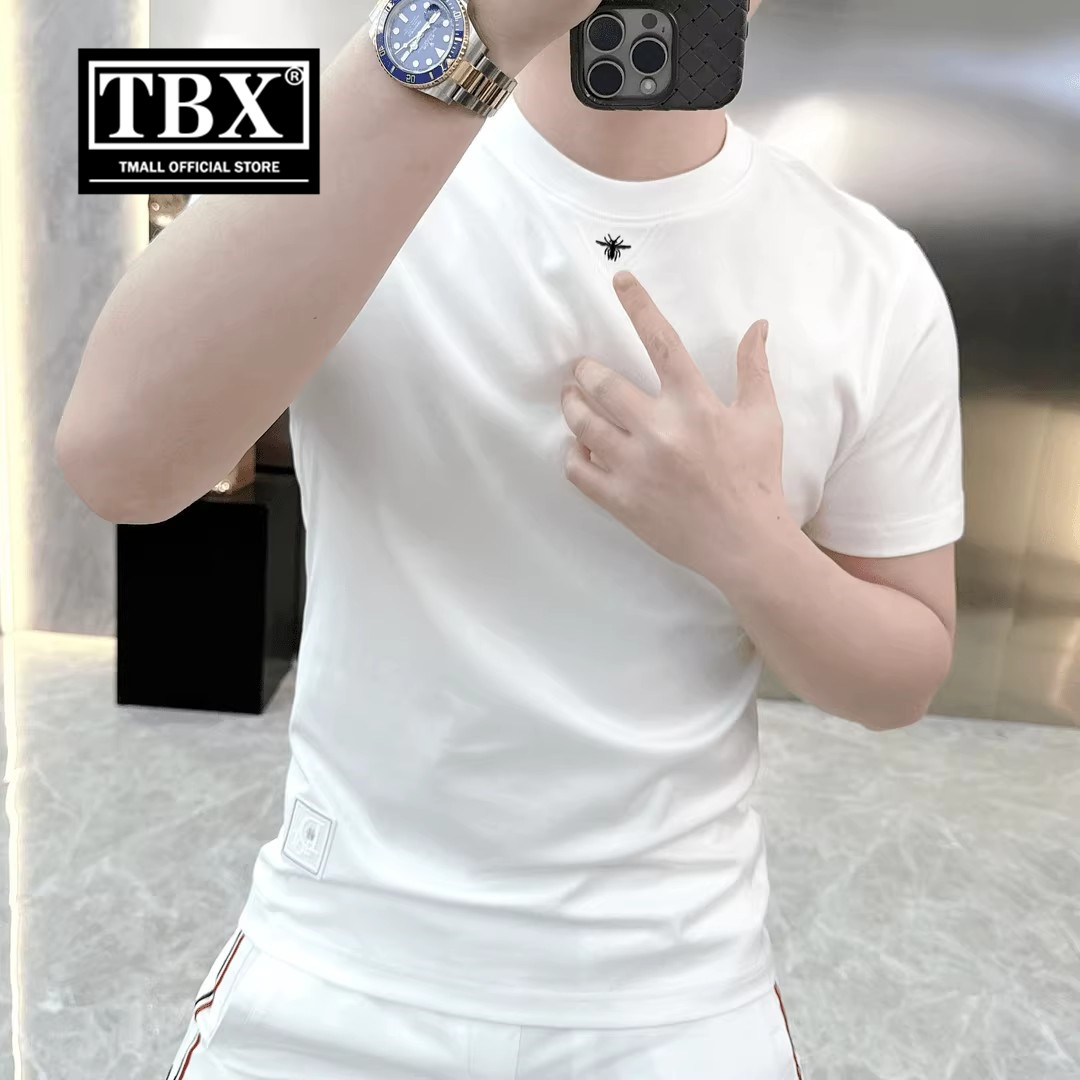 高端小蜜蜂刺绣短袖t恤男士2026新款夏季白色圆领半袖打底衫男款