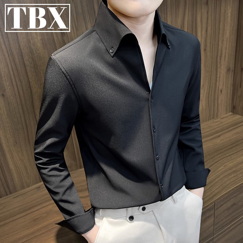高端法式大领男士衬衫长袖2025新款V领商务休闲尖领衬衫男款春秋