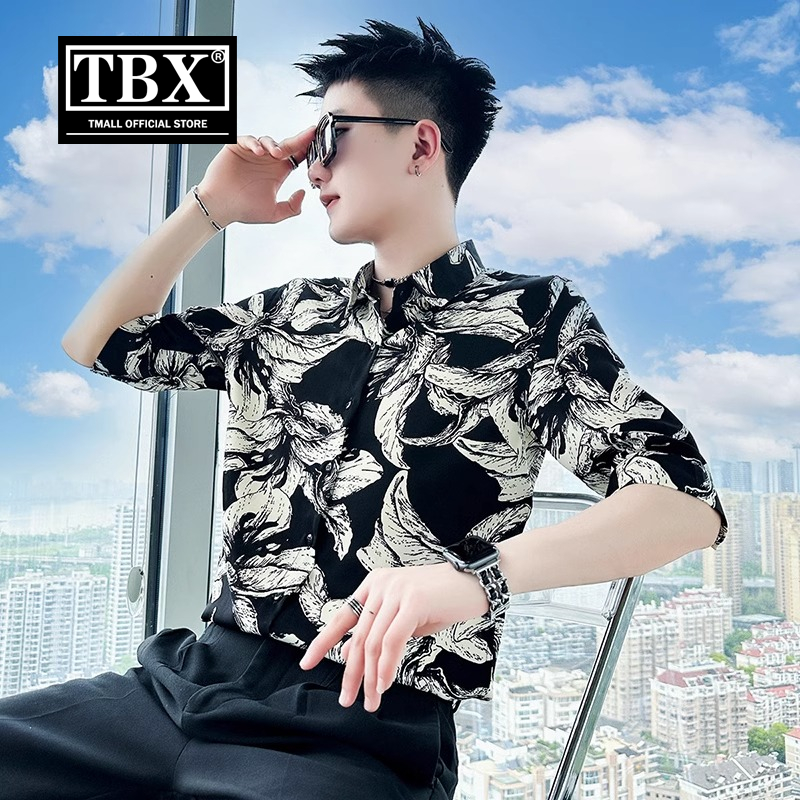 高端冰丝花衬衫男士短袖2025新款夏季薄款休闲沙滩五分袖衬衣男款