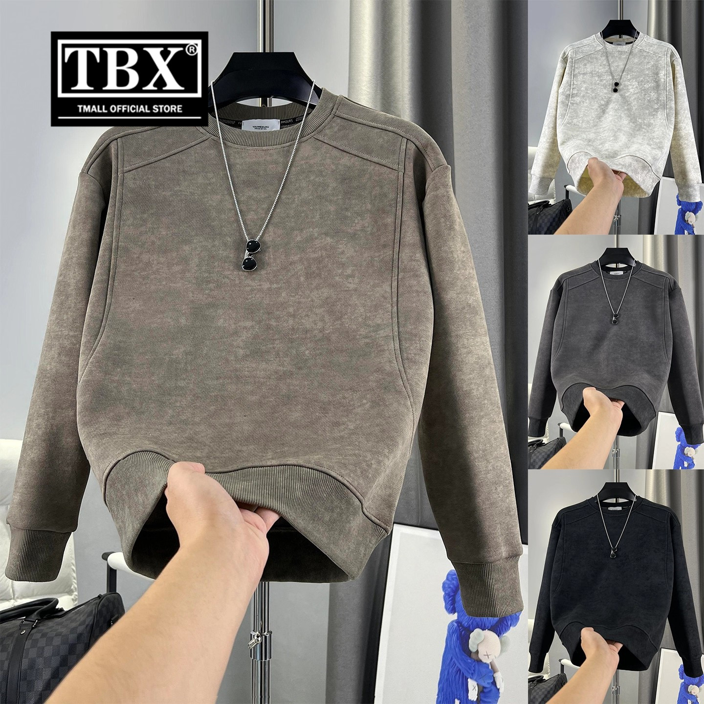 高端扎染卫衣男士2025新款秋冬季加绒加厚保暖拼接圆领打底衫男款