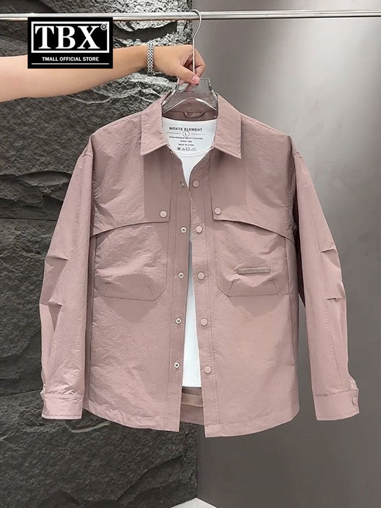 高端夹克外套男士2025新款爆款春秋冬季休闲翻领粉色工装衬衫男款
