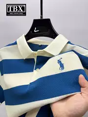 Premium Striped Polo Shirt for Men - New 2026 Short Sleeve T-Shirt with Collar and Embroidery, 100% Cotton Long Sleeve Polo