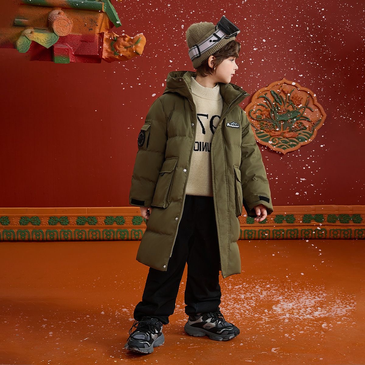 品牌童装折扣ASK 羽绒服男童25冬厚蓄热保暖连帽防风中长鸭绒外套