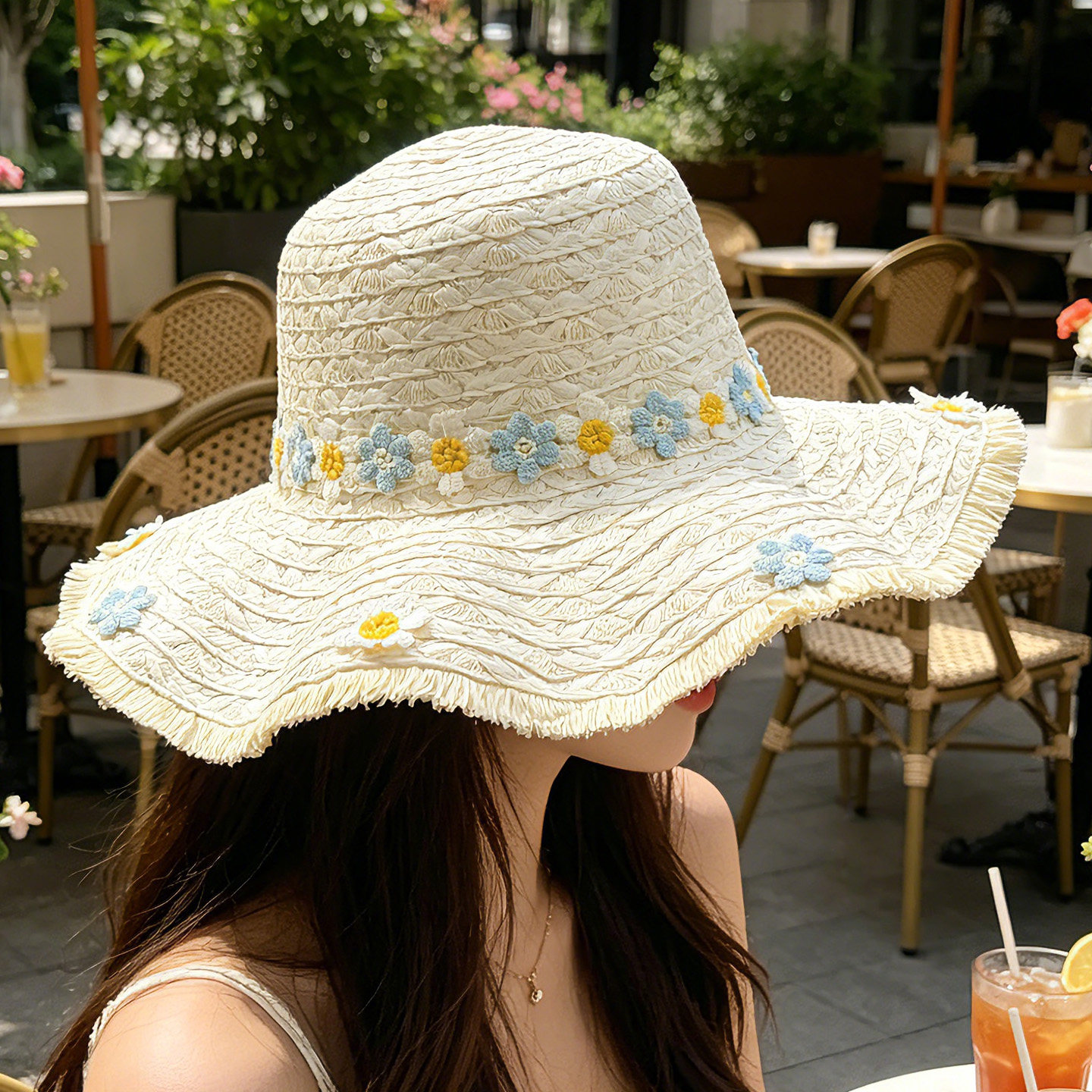 小雏菊花朵草帽子女夏季大帽檐防晒沙滩遮阳帽清新海边防晒太阳帽