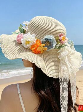 郁金香蕾丝防晒草帽女海边帽子
